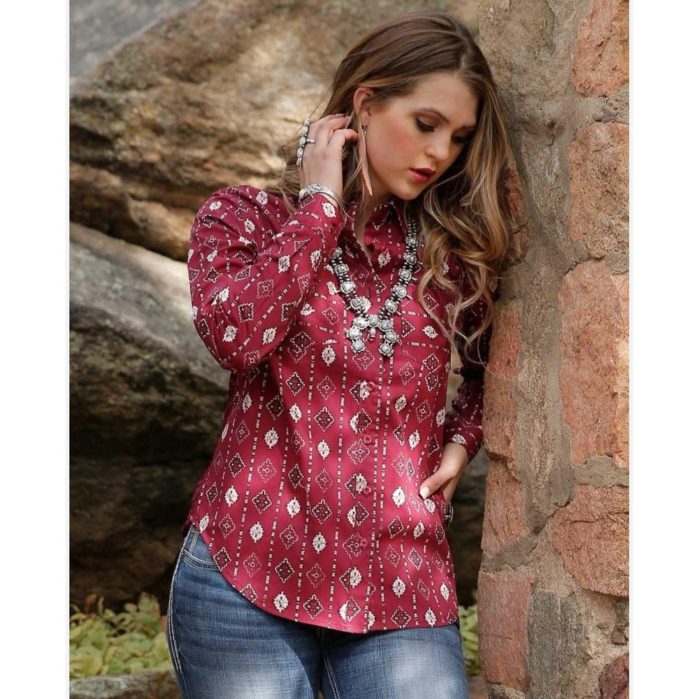Cruel Denim Long Sleeve Rodeo Western Shirt Burgundy Geometric‎ Lace Sz Large